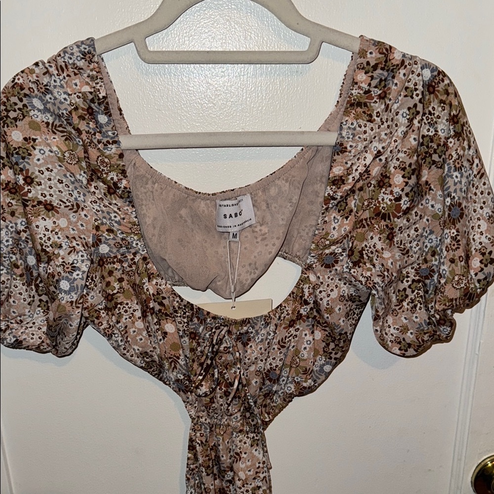 Sage Brown Tan Blouse with Bib Collar and Tie Front